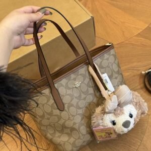 Coach Fiona Top Zipper Tote with Disney Charm – Signature Designer Handbag (brown)